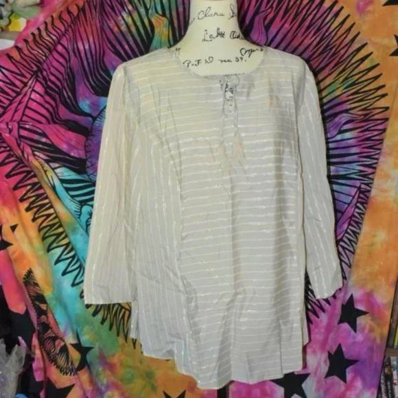 Chico's Size 3 Peasant Top Blouse XL Striped Neutral Hippie Airy Summer - Picture 2 of 3